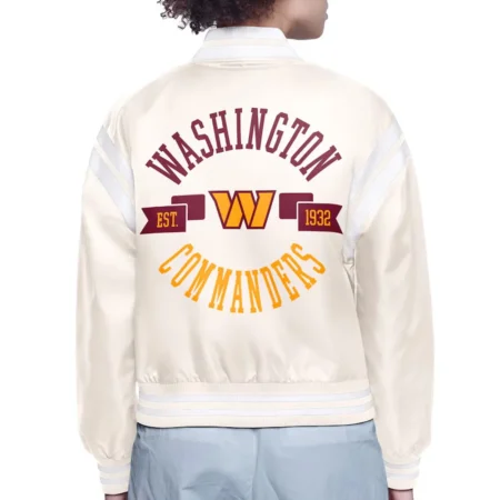 Washington Commanders Round Team Logo Cropped Cream Satin Jacket back webp