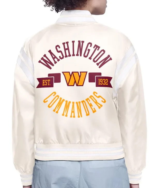 Washington Commanders Round Team Logo Cropped Cream Satin Jacket back webp
