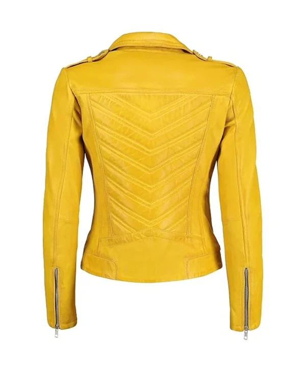 Women Biker Yellow Leather Jacket Back webp
