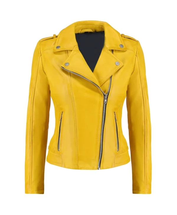 Women Biker Yellow Leather Jacket Main webp
