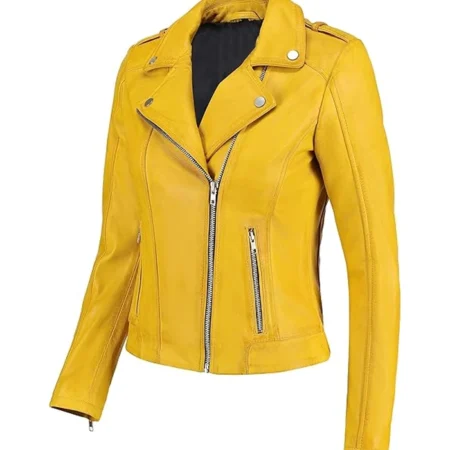 Women Biker Yellow Leather Jacket Right Side webp