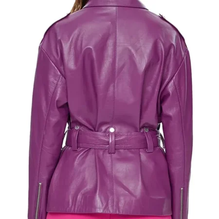 Womens Asymmetrical Peplum Purple Leather Jacket Back webp