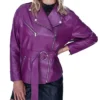 Womens Asymmetrical Peplum Purple Leather Jacket Main webp