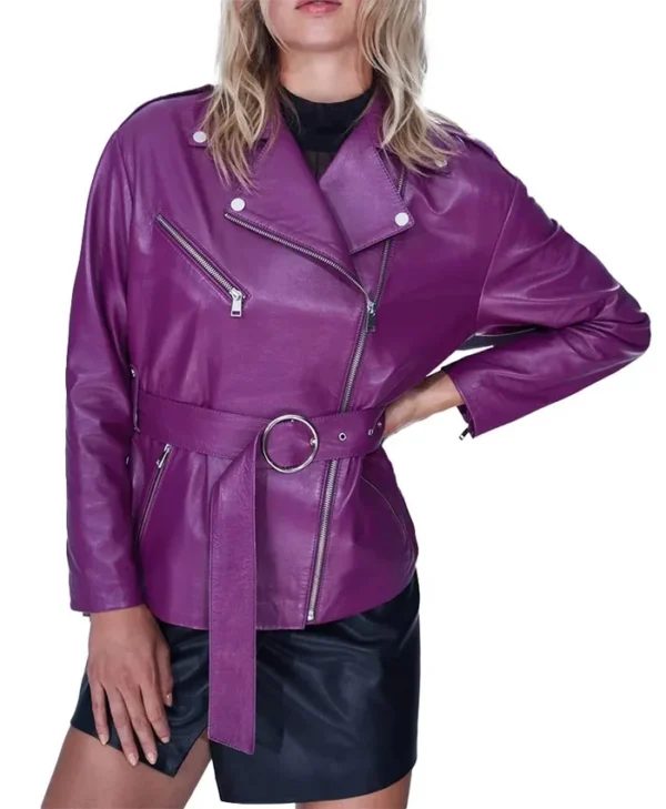 Womens Asymmetrical Peplum Purple Leather Jacket Main webp