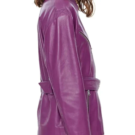 Womens Asymmetrical Peplum Purple Leather Jacket Side webp