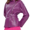 Womens Asymmetrical Peplum Purple Leather Jacket Walk webp