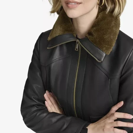 Womens Aviator Black Bomber Leather Jacket Fur Collar webp