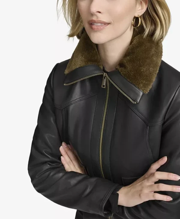 Womens Aviator Black Bomber Leather Jacket Fur Collar webp