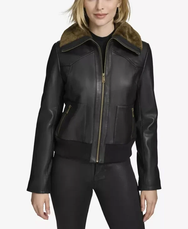 Womens Aviator Black Bomber Leather Jacket Main webp