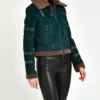 Womens B3 Leather Bomber Green Shearling Coat Left Side webp