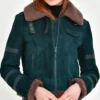 Womens B3 Leather Bomber Green Shearling Coat Main webp