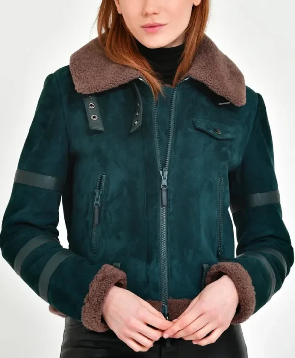 Womens B3 Leather Bomber Green Shearling Coat Main webp