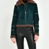 Womens B3 Leather Bomber Green Shearling Coat Stand Up webp