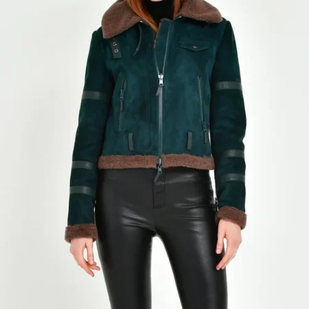 Womens B3 Leather Bomber Green Shearling Coat Stand Up webp