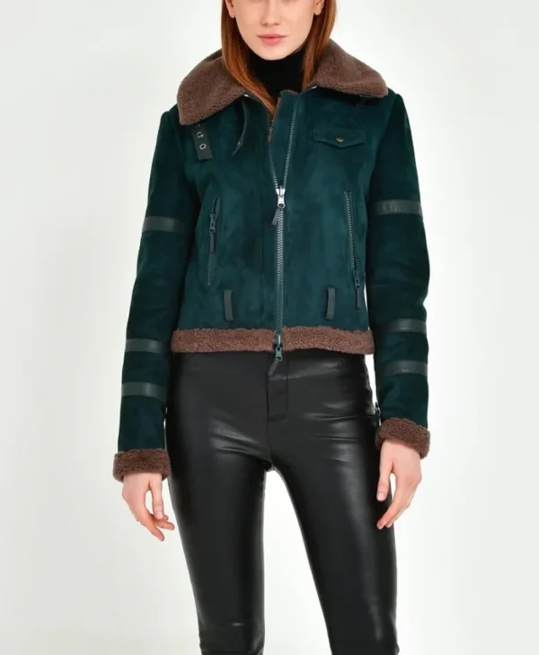Womens B3 Leather Bomber Green Shearling Coat Stand Up webp