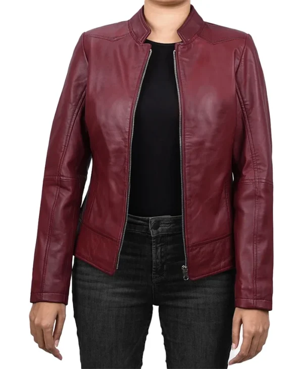 Womens Best Burgundy Leather Biker Jacket Main webp