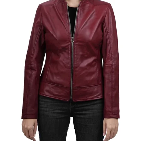 Womens Best Burgundy Leather Biker Jacket Zipper webp