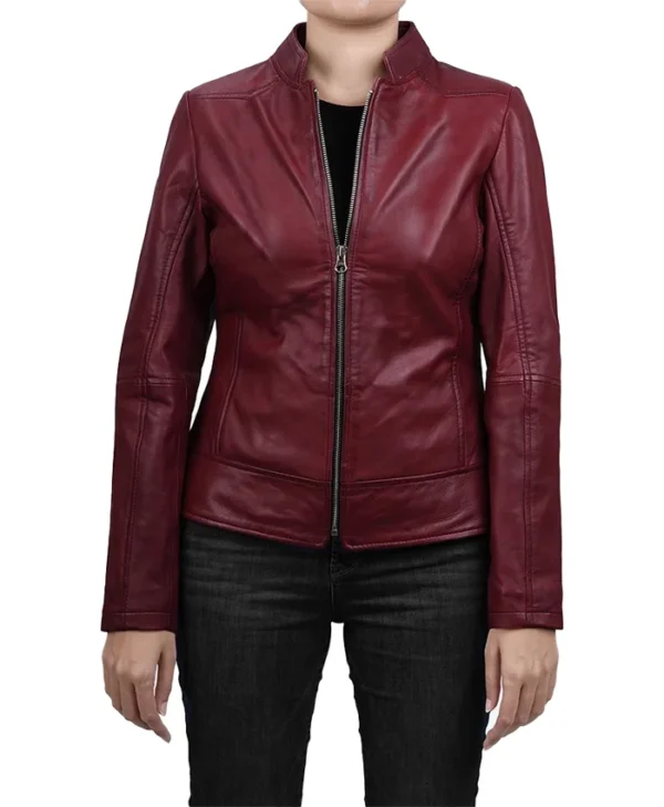Womens Best Burgundy Leather Biker Jacket Zipper webp