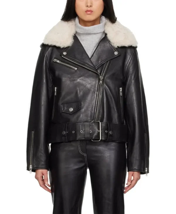 Womens Biker Black Leather Jacket With Fur Main webp