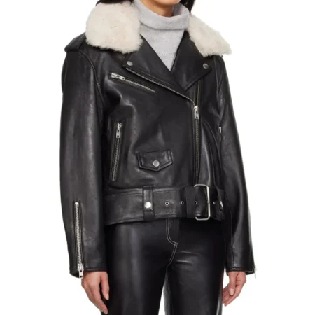 Womens Biker Black Leather Jacket With Fur Side webp