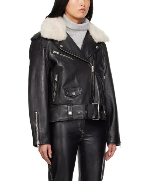 Womens Biker Black Leather Jacket With Fur Side webp
