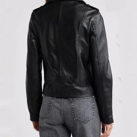 Womens Biker Style Black Leather Jacket Back webp