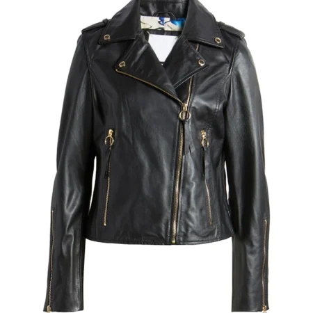 Womens Biker Style Black Leather Jacket Front webp