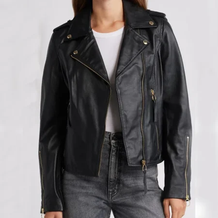 Womens Biker Style Black Leather Jacket Main webp