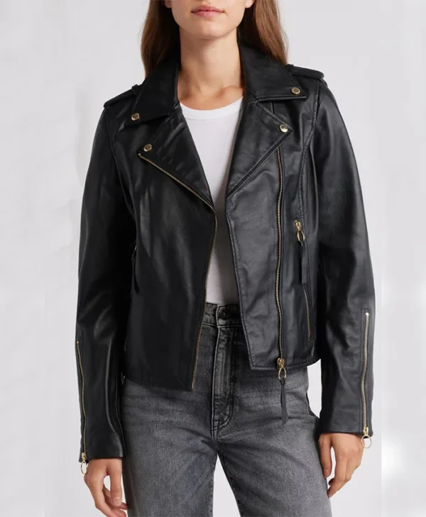 Womens Biker Style Black Leather Jacket Main webp