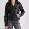 Womens Biker Style Black Leather Jacket Pockets webp