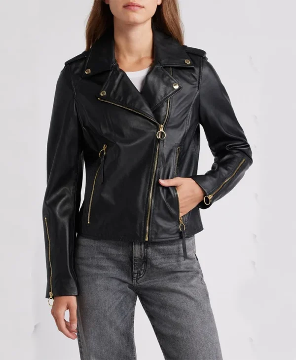 Womens Biker Style Black Leather Jacket Pockets webp