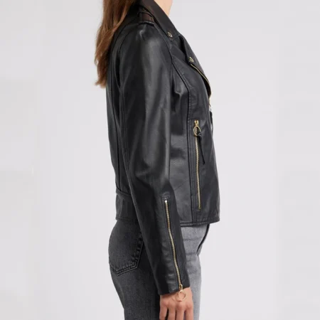 Womens Biker Style Black Leather Jacket Side webp