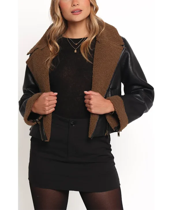 Womens Black And Brown Shearling Cropped Leather Jacket Main webp