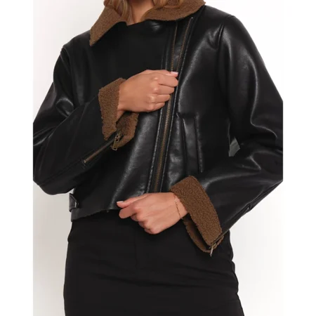 Womens Black And Brown Shearling Cropped Leather Jacket Zipper webp