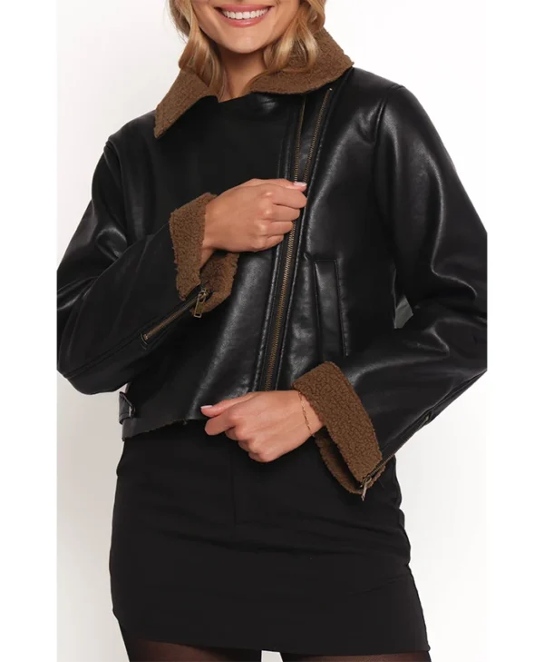 Womens Black And Brown Shearling Cropped Leather Jacket Zipper webp