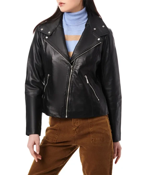 Womens Black Asymmetrical Biker Leather Jacket Main webp