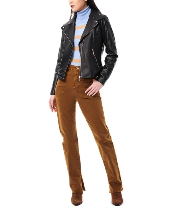 Womens Black Asymmetrical Biker Leather Jacket Stand webp