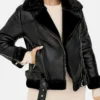 Womens Black Asymmetrical Shearling Pilot Jacket Closure webp
