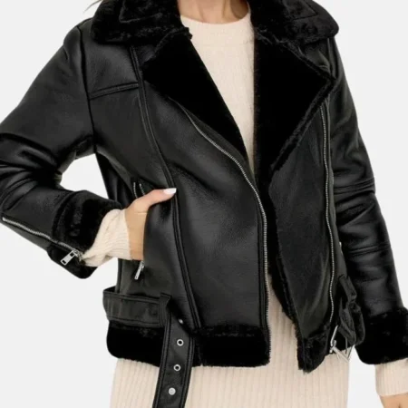 Womens Black Asymmetrical Shearling Pilot Jacket Closure webp