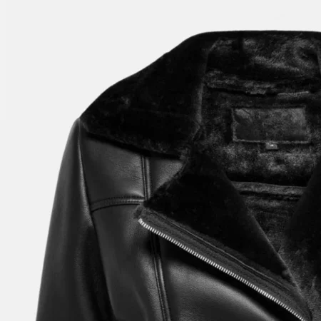 Womens Black Asymmetrical Shearling Pilot Jacket Collar webp