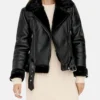 Womens Black Asymmetrical Shearling Pilot Jacket Front webp