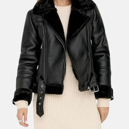 Womens Black Asymmetrical Shearling Pilot Jacket Front webp