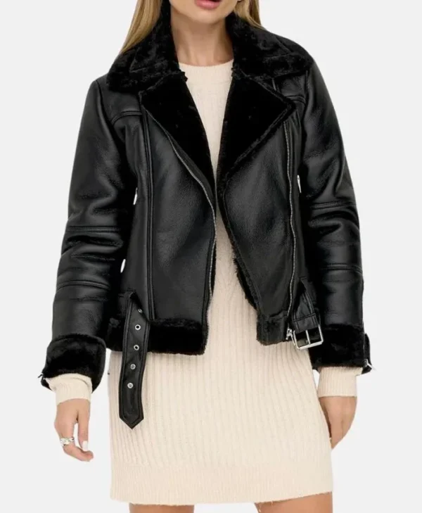 Womens Black Asymmetrical Shearling Pilot Jacket Front webp