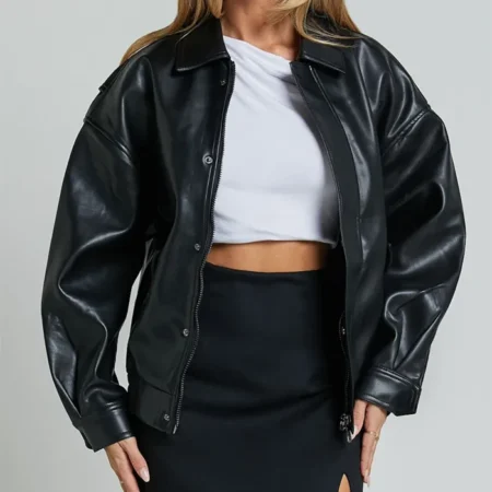 Womens Black Aviator Leather Bomber Jacket Main webp