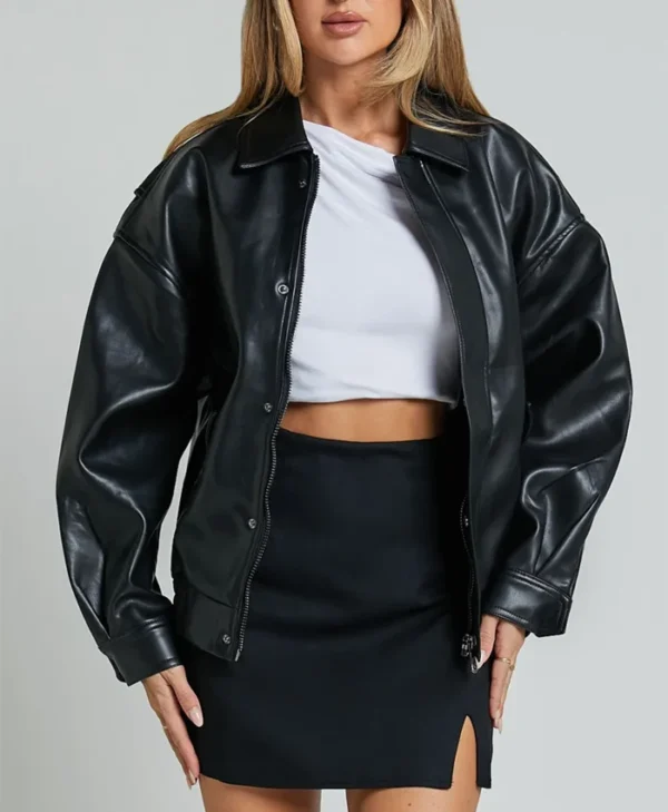 Womens Black Aviator Leather Bomber Jacket Main webp