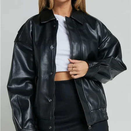 Womens Black Aviator Leather Bomber Jacket Zipper webp