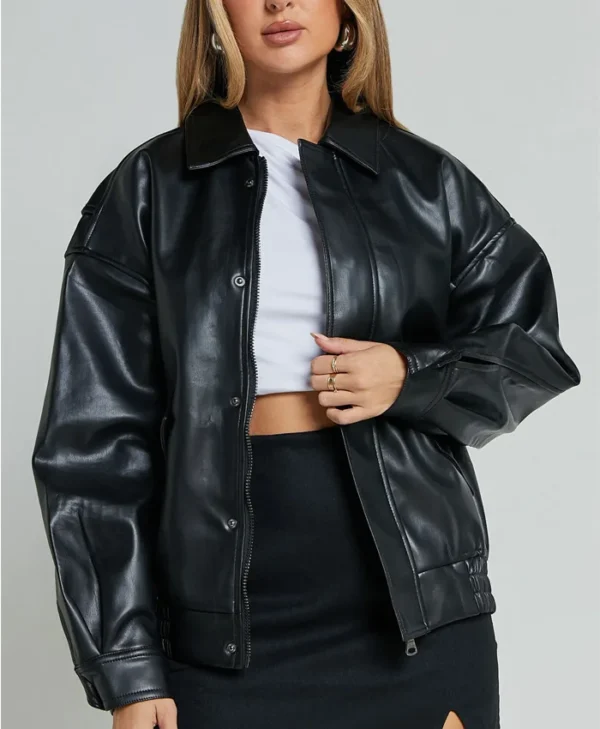 Womens Black Aviator Leather Bomber Jacket Zipper webp