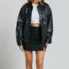 Womens Black Aviator Leather Bomber Jacket stand up webp