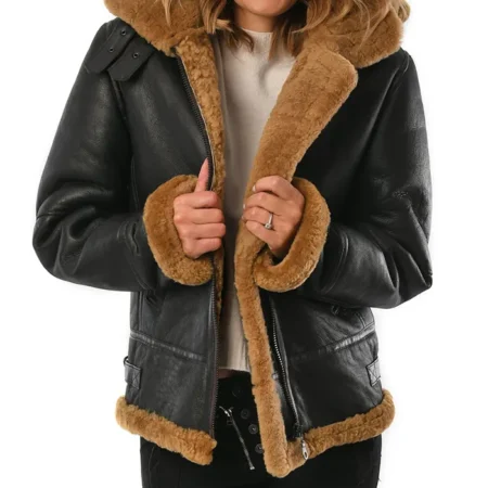 Womens Black B3 Hooded Leather Bomber Jacket Closure webp