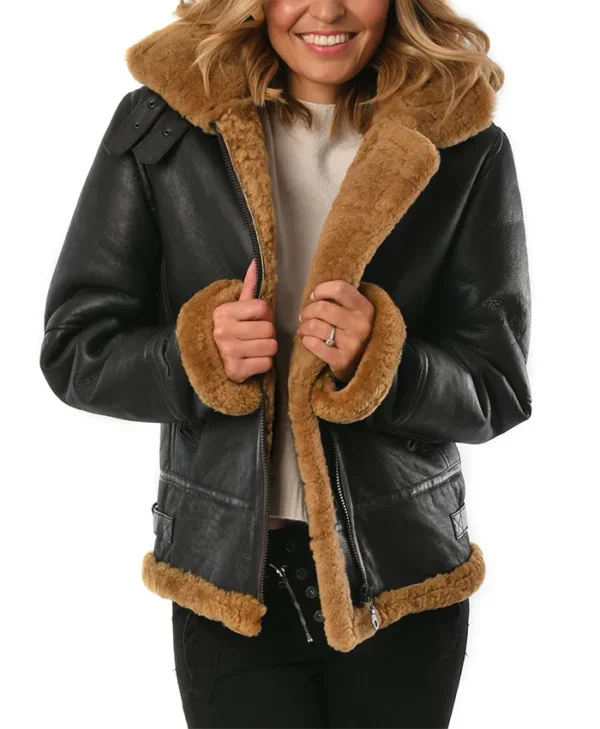 Womens Black B3 Hooded Leather Bomber Jacket Closure webp